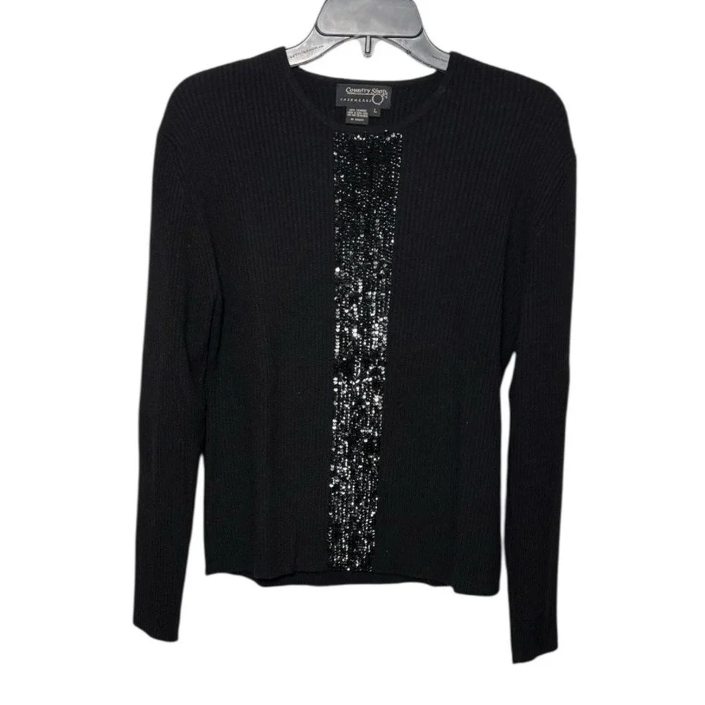 Country Shop 100% Cashmere Black Sweater With Sequin Stripe Size Large